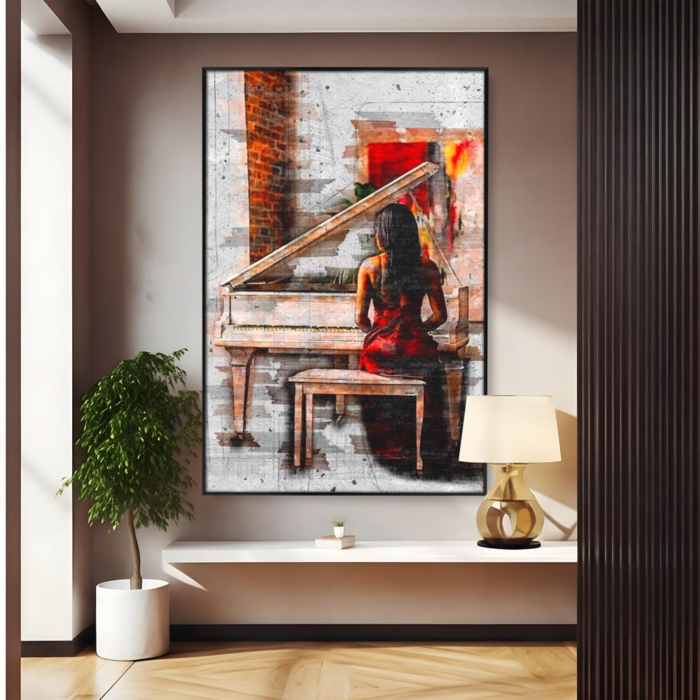 Tablou canvas cu tablou canvas cu pianistica in rosu, in rama de aluminiu negru